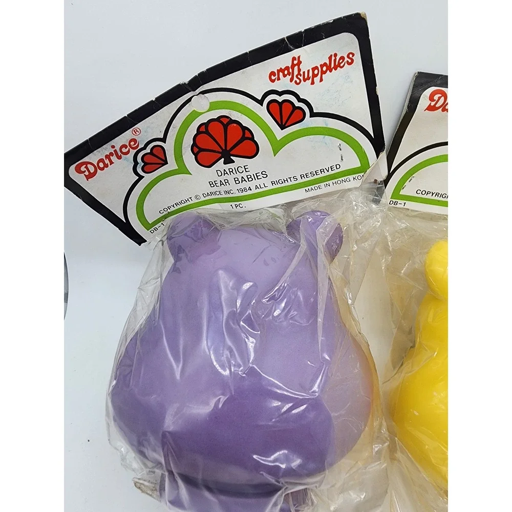 Vintage 1984 Darice Bear Babies Craft Supplies Purple Yellow Bear Heads Lot of 2